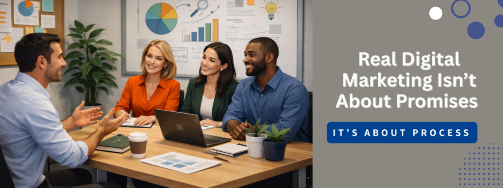 Business owner discussing strategy with a digital marketing agency team in a professional office setting