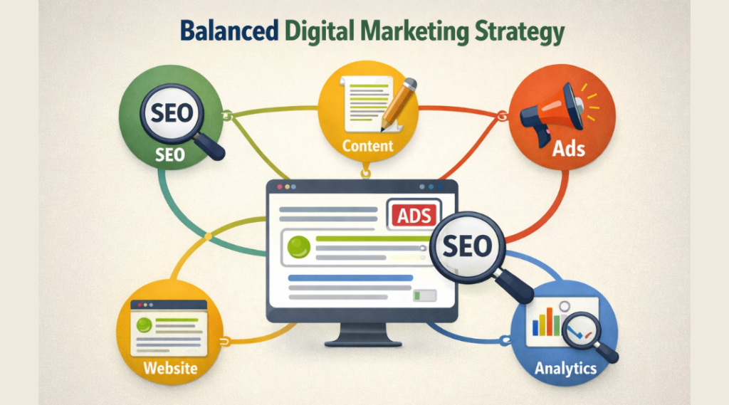 balanced digital marketing strategy combining SEO and advertising