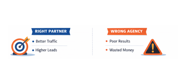 Comparison showing right partner vs wrong agency, highlighting better traffic and higher leads versus poor results and wasted money