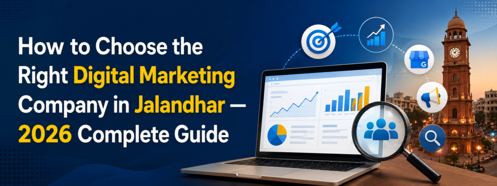 banner showing digital marketing strategy concept with laptop analytics, growth icons, and Jalandhar city backdrop, focused on helping businesses understand the best digital marketing company in Jalandhar