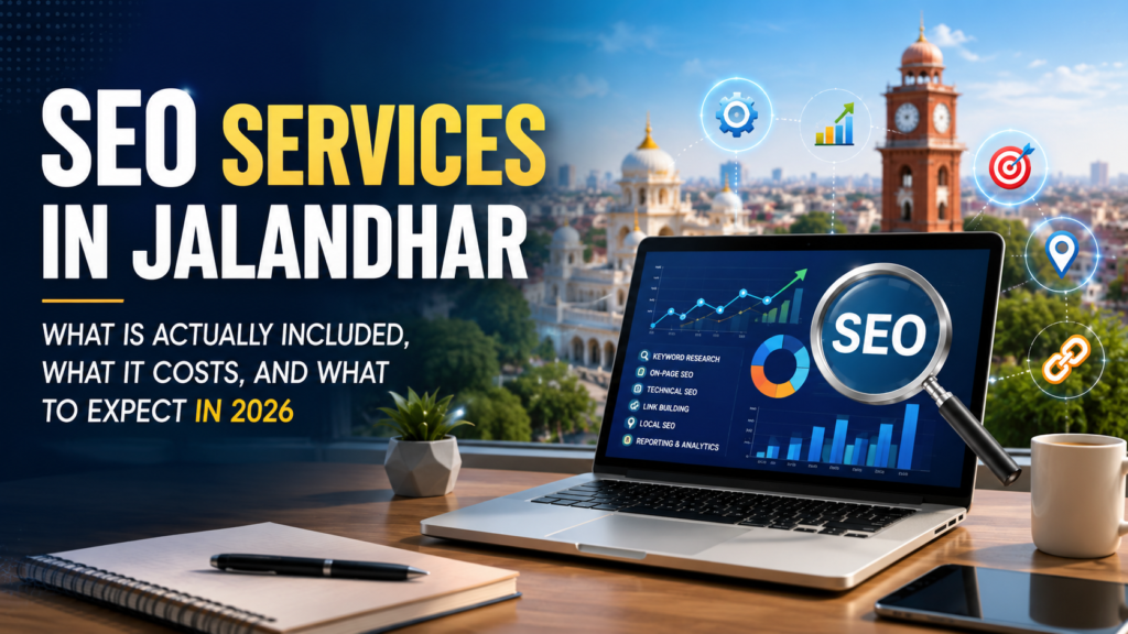 Professional SEO Services in Jalandhar 2026 banner featuring a laptop with SEO analytics dashboard, search optimization icons, and a modern digital marketing workspace.