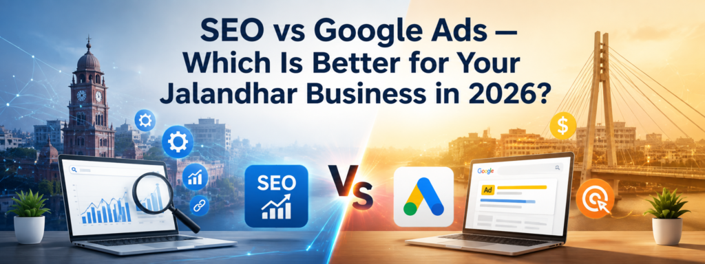SEO vs Google Ads — Which Is Better for Your Jalandhar Business in 2026? Featured image showing a comparison between SEO and Google Ads with search analytics, Google Ads dashboard, digital marketing icons, and a modern city skyline representing Jalandhar, illustrating long-term organic growth versus paid advertising strategies for local businesses in 2026.